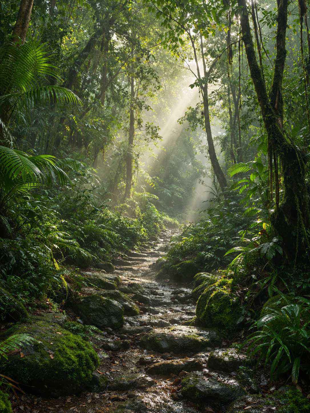 A dense lush rainforest trail, sunlight piercing through the canopy, misty atmosphere, photorealistic, rocky terrain, no people