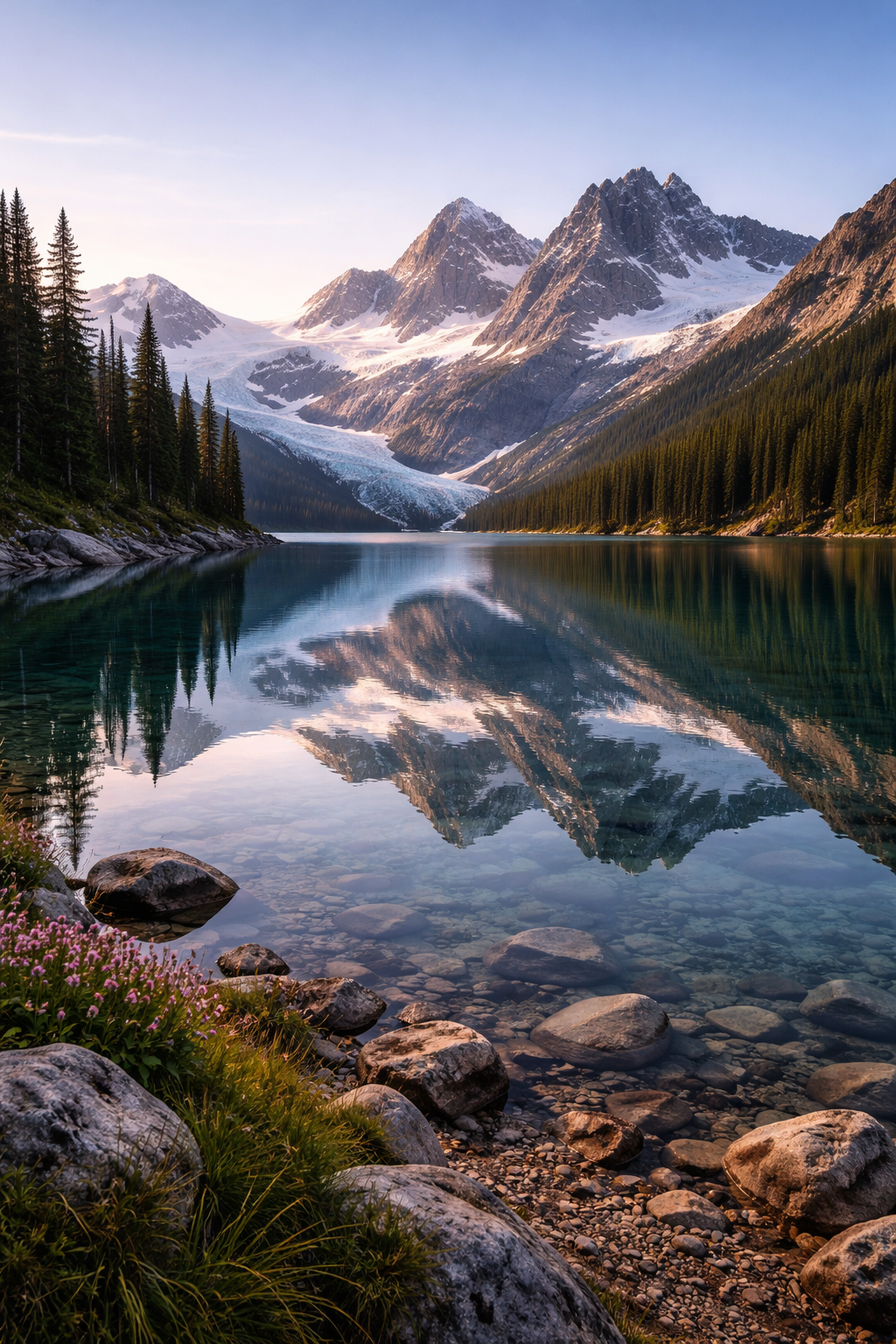 A serene glacial lake surrounded by snow-capped peaks, crystal clear water reflection, photorealistic, pristine nature, no people